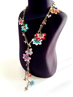Artisan Floral Crochet Beaded Lariat Long Statement Necklace